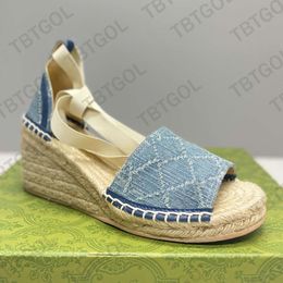 Designer Espadrille Wedge Sandal Women Platform Slides Summer Luxury Comfortable Ankle Lace-up Genuine Leather Sandals With Box NO037