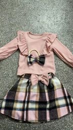 Toddler Baby Girl Outfit Rib Flare Sleeve Shirt Campus Style Plaid Skirt Set Ruffle Bow Headband Winter Clothes