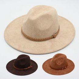 Casual Suede Fabric Fedora Hats Winter Autumn Wide Brim Men Dress Hat Classic Church Women Jazz Flat Felt American 240410