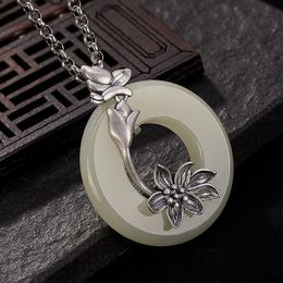 Original Design Hollow Creative Natural Hetian White Magnolia Flower Pendant Necklace Chinese Retro Charm Women's Silver Jewelry