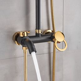 POIQIHY Black Golden Shower Set Rainfall Bathroom Shower Mixer Faucet Brass Bidet Sprayer Head Sliding Bar Shower System Tap