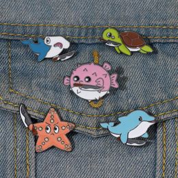 Killer From Ocean Enamel Pins Dolphin Puffer Fish Turtle Shark Starfish Brooch Lapel Badges Animal Jewellery Gift for Kids Friends