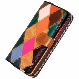 hot Fi Patchwork Women Purse Credit Card Lg Wallet Genuine Leather Phe Colourful Wristlets s Lady 149p#