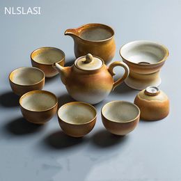 10 Pcs/set Chinese Retro Ceramic Tea Sets Exquisite Teapot Handmade Kettle Teacup Portable Strainer Cup Home Teaware Drinkware