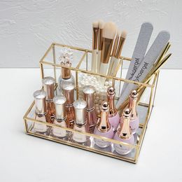 Glass Makeup Organizer Bathroom Cosmetic Organizer With Golden Covered Edge Pencil Box Perfume Makeup Tools Lipstick Organizer