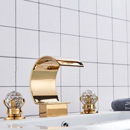 Golden Three-piece Tub Faucet Hot Cold Water Mixer Tap Double Handle Crystal Handwheel Bathroom Basin Sink Faucet