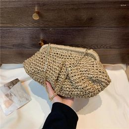 Shoulder Bags Beige Khaki Seashell Tote Handbag For Women Bohemia Summer Straw Knit Small Clutches Gold Color Chain Party Bag Bolsos