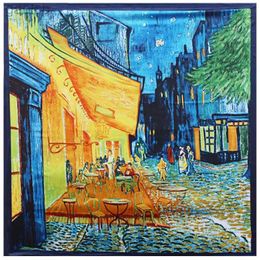 Scarves 90cm Van Gogh Classic Series Oil Painting Red House Coffee House Sun Lady decoration Simulation Silk Scarf Large Square Scarf 240410