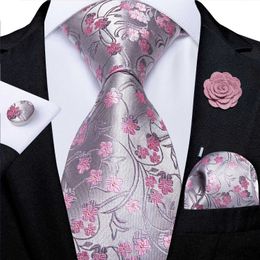 Neck Ties 100% Silk Flower Pink Tie Mens Wedding Party Mens Tie Handle Brooch Cufflinks Set Mens Accessories Gravata DiBanGuC240410