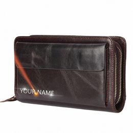 2024 Leather Large Men Clutch Wallets Name Customized Men Purse 100% Genuine Leather Lg Leather Male Wallet R2Y3#