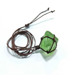 Natural Emerald Crystal Pendant Healing DT Gemstone Wand Reiki Green Fluorite Wrap Braid Necklace Yoga Macrame For Men Women