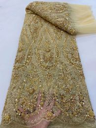 Gold Latest Classic African Handmade Sequin Lace High Quality 2022 Elegant Embroidery Beaded Tulle Lace Fabric For Wedding Dress