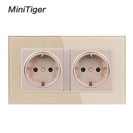 Minitiger 16A Double EU Standard Wall Socket Crystal Glass Panel Power Outlet Grounded With Child Protective Door Grey Black