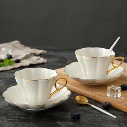 Ceramic Elegant Flower Bone China Coffee Cup with Saucer Set White Porcelain Phnom Penh Office Teacup Home Cafe Espresso Cup