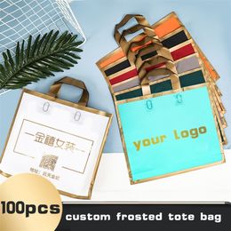 100pcs Custom golden border Matte Shopping Bags thickening tote bag wedding Gift Bag Print On Double-sided Free Design 240322