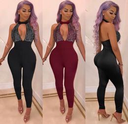 Women Sexy Club Jumpsuits Rompers Plaid Rhinestone Bodysuits Halter Hollow Deep V Mesh Patchwork Skinny Cocktail Party Catsuits1114108