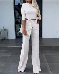 Women's Two Piece Pants Set Spring Mock Neck Half Sleeve Crop Top & Elegant High Waist Straight Legs Trousers Sets Women Outifit