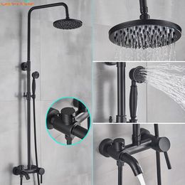 Bathroom Rainfall Shower Faucet Dual Handle Shower Set Black Bronze Brass 8" Showerhead Shower Faucet System With Handshower