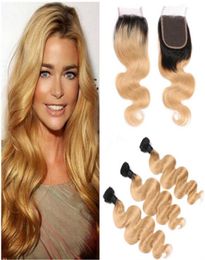 1B 27 Honey Blonde Ombre Virgin Peruvian Human Hair Bundles Deals with Lace Closure 4x4 Body Wave Strawberry Blonde Ombre Human H7631152