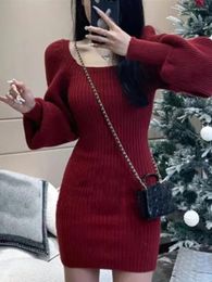 Casual Dresses Fashion Sweet Y2k Elegant Solid Knitted All Match Bottoming Women's Dress Ladies Chic Slim Waist Tunic Vestido De Mujer