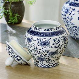 Modern Ceramic Blue and White Porcelain Antique General Jar with Lid Large General Storage Tea Caddy Countertop Home Decoration