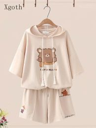 Xgoth Women Cute Bear Hooded Suits Junior High School Girls Cute Sports Leisure Short-sleeved T-shirt + Shorts Two-pieces Suit