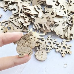 50Pcs DIY Natural Wooden Chip Santa Claus Christmas Tree Hanging Ornaments Pendant Kids Gifts Snowman Tree Shape Xmas Decoration