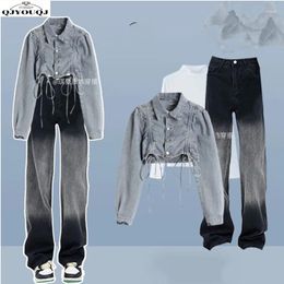 Women's Two Piece Pants Spring And Autumn Season Set 2024 Korean Versatile Denim Coat Bottom Shirt Slimming Jeans Three