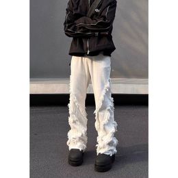 American style high street vibe structural design with raw edge jeans mens hiphop straight leg high-end long pants 240410