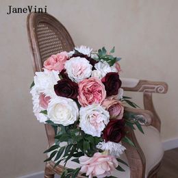 JaneVini Gorgeous Pink White Roses Cascading Waterfall Bridal Bouquets Artificial Eucalyptus Silk Flowers Wedding Bride Bouquet