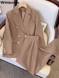 Kadınlar Suits Blazers Khaki Ofis Çift Kelime Takım Setleri Kadınlar Koreli Yeni Uzun Kollu Blazer Ceketler Konjunto Ol Yüksek Bel Düz Pantolon Kıyafet C240410