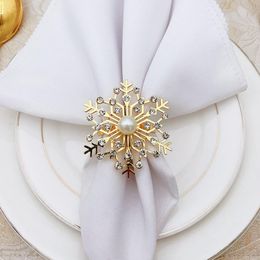 6Pcs/Set Exquisite Napkin Rings Bright-colored Artificial Pearl Crystal Snowflake Napkin Clip Towel Holder Christmas Supplies