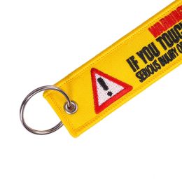 Wholesale Remove Before Flight Keychain Key Ring Embroidery Buckles for Motorcycle cloth Key Tag Yelloew Danger