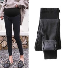 Winter Thicken Warm Velvet Denim Maternity Jeans High Waist Adjustable Belly Pants for Pregnant Women Pregnancy Trousers