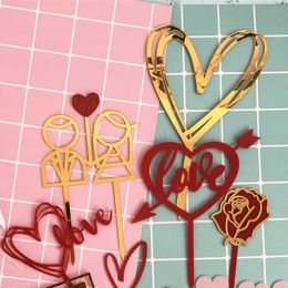 Happy Valentine's Day Acrylic Cake Topper Love Heart Gold Wedding Cake Topper For Valentine Anniversary Party Cake Decorations