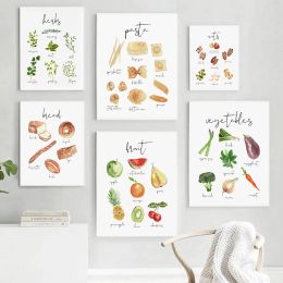 Watercolour Food Poster Print Fruit Vegetables Bread Cheese Pasta Nuts Canvas Painting Picture Wall Decor Kitchen Home Decoration