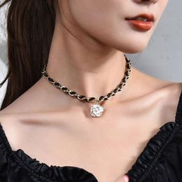 White Camellia Flower Skin Rope Wrapped Titanium Steel Short Necklace, New Light and Unique Design, Cool Style Accessories