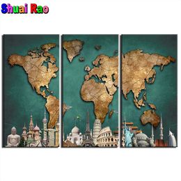 Triptych painting abstract World Map 5d diy diamond painting stitch,mosaic full Drill Famous Buildings diamond embroidery