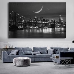 Black and White New York Manhattan Bridge Landscape Poster Brooklyn Bridge Night Canvas Painting Living Room Wall Home Decor