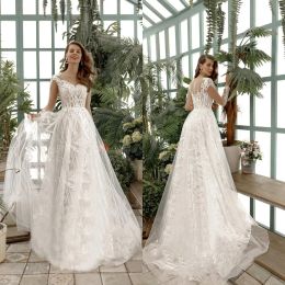 2024 Lace Wedding Dresses Long Sleeves Appliques Beading Bridal Gowns Button Back Sweep Train A Line Wedding Dress