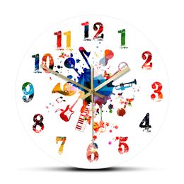 Classical Music Instruments With Watercolour Numbers Decorative Wall Clock Colourful Art Painting Music Studio Hanging Wall Watch