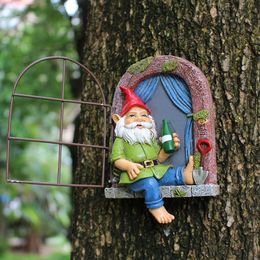 Elf Out The Door Tree Hugger,Garden Peeker Yard Art,Whimsical Tree Sculpture Garden Decoration,Beer Gnome Lawn Ornament