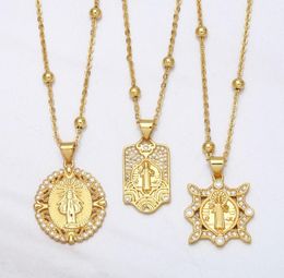 Pendant Necklaces FLOLA Bead Chain Saint Benedict Medal Necklace Copper Zircon White Stone Short Gold Plated Catholic Jewellery Nkea3137962