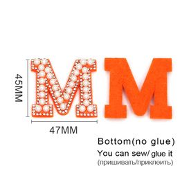 1Pcs Pearl Letter Patches Orange Base Rhinestone Patch Applique 3D English Alphabet Sew On Patches For Clothes Badge DIY Name