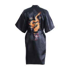 Black Chinese Men's Satin Silk Robe Embroidery Dragon Kimono Bath Gown Unisex Loose Bathrobe Size M L XL XXL XXXL D0317 T2004315A
