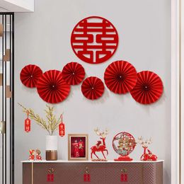 Chinese Style Red Wedding Fan Flower Hanging Paper Crafts Pompom Bedroom Living Room Wall Decor Origami Fan DIY Party Supplies