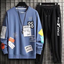 Men's Tracksuits Men Sportswear Set Hip Hop With Drawstring Elastic Waist Loose Sweatshirt Trousers Round Neck