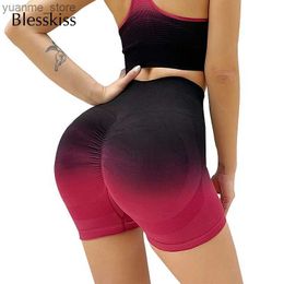 Yoga Outfits BLESSKISS Print Fitness Shorts Sport Women High Waist Boody Push Up Seamless Gym Yoga Shorts Quick Drying Workout Short Leggings Y240410