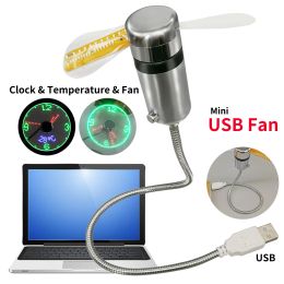 Gadgets USB Gadgets Clock Fans Time And Temperature Display Small Night light Metal Mini Fan Summer DC 5V By Laptop Mobile Changer PC