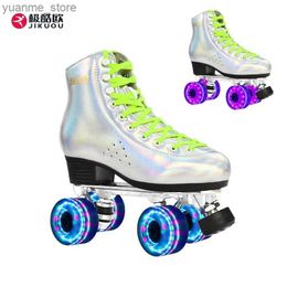 Inline Roller Skates Microfiber Leather Roller Skates Shoes Patines Four Flash Wheels Double Row Adult Professional Aluminium Alloy Bracket Adult Y240410